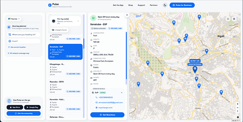 Pulse map of Kigali showing charger listings, station details, and live network visibility