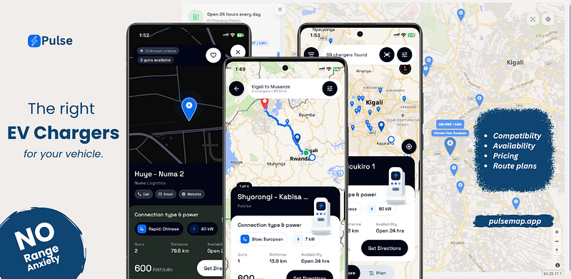 Pulse app screens showing EV charger search, a Kigali to Musanze route, and station details