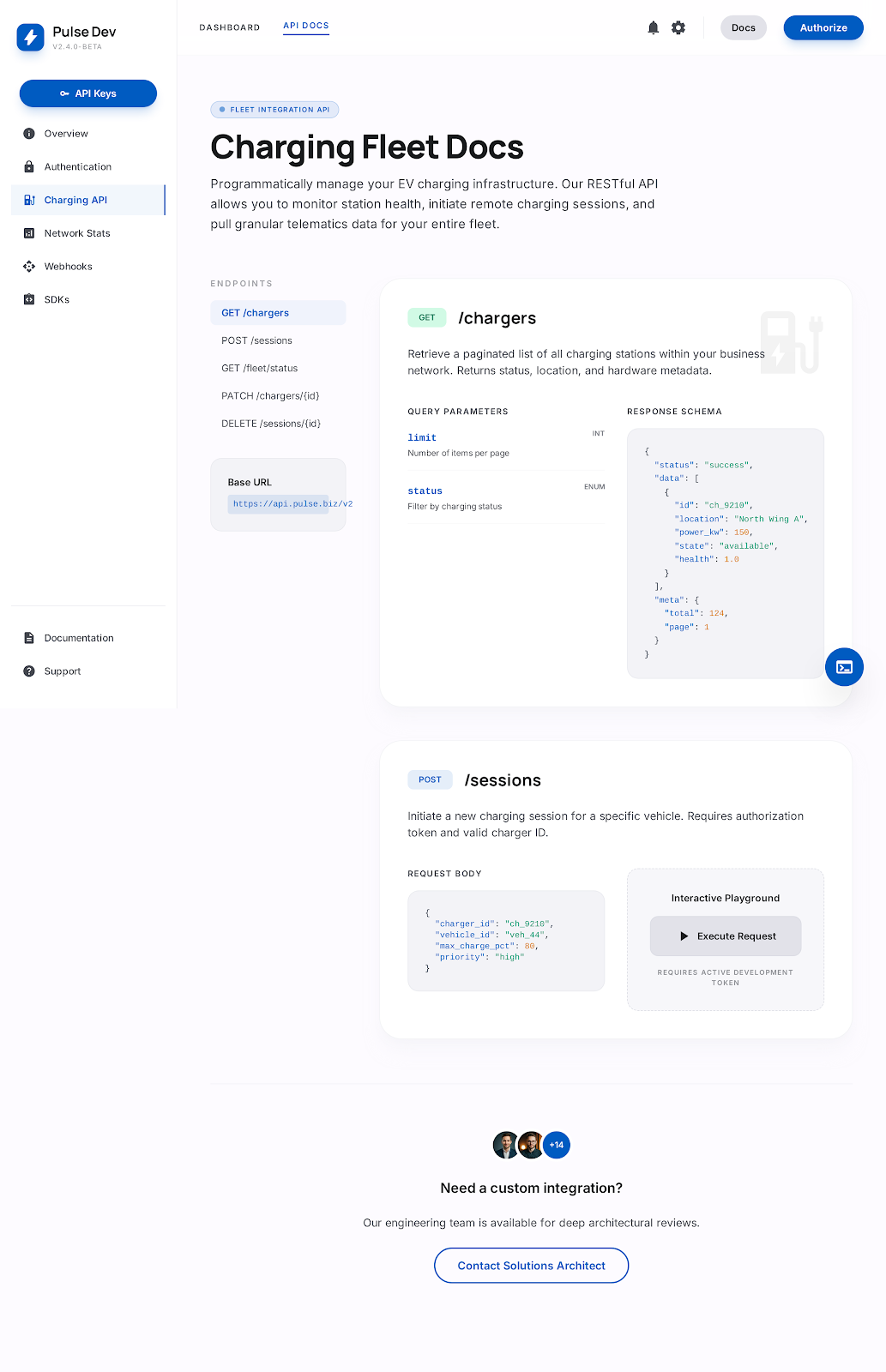 Pulse developer documentation: Charging API endpoints, request and response examples, and integration tools